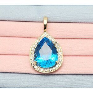 Beautiful 14K Solid Yellow Gold Blue Teardrop Topaz & Diamond Drop Charm Pendant